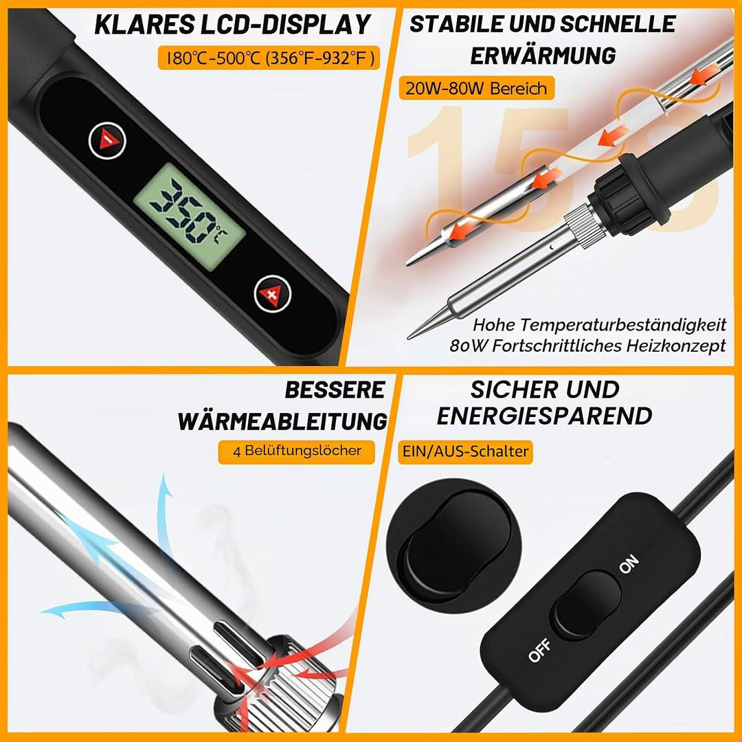 80W Lötkolben Set mit LCD-Temperaturdisplay, 7s Schnelles Aufheizen & Einstellbar 180-500°C, Komplet