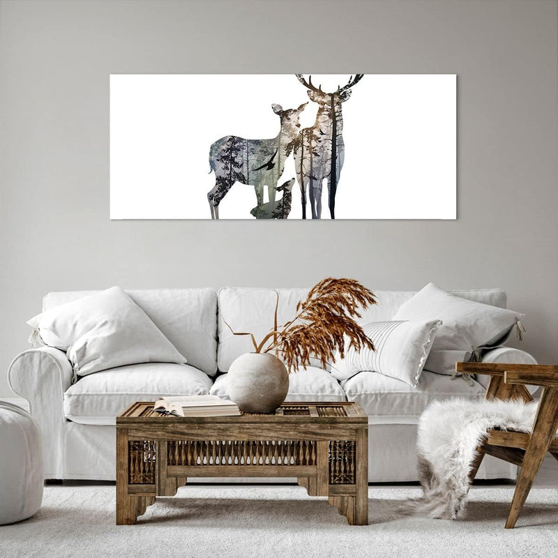 Wandbilder Dekoration Wohnzimmer Deer Familie Wildheit Illustration Bilder auf Leinwand 120x50cm Lei