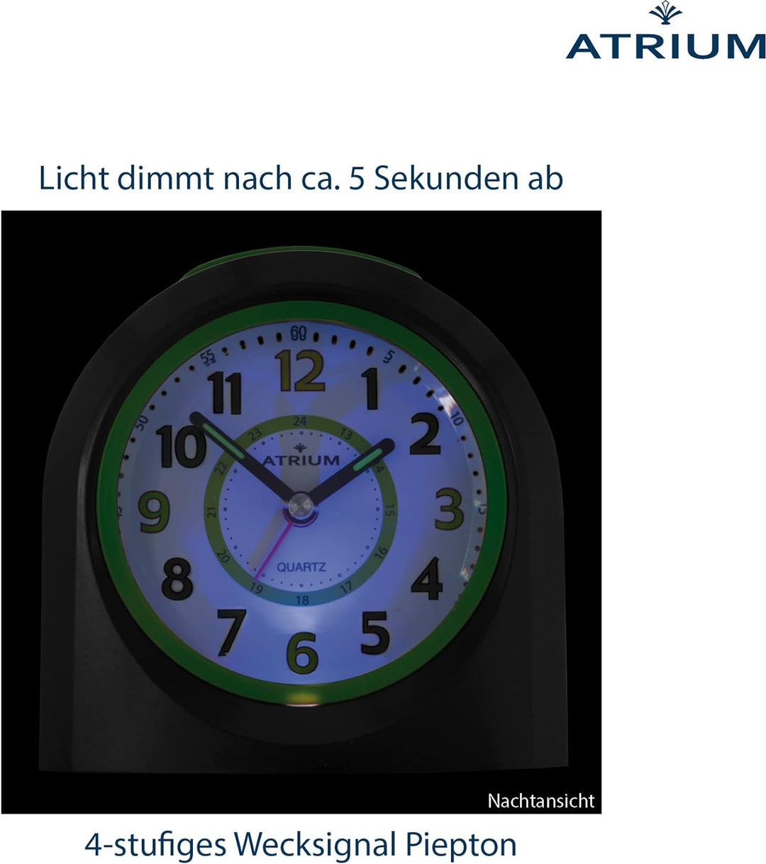 Atrium Kinder Wecker Analog Quarz ohne Ticken mit Licht und Snooze Schwarz Grün A921-7
