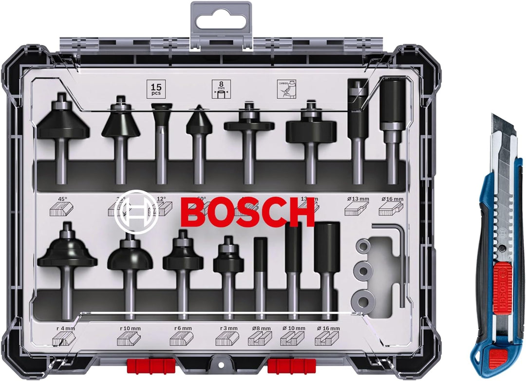 Bosch Professional 15tlg. Fräser Set mit Cuttermesser (für Holz, Ø 8 mm Schaft, Zubehör Oberfräse)