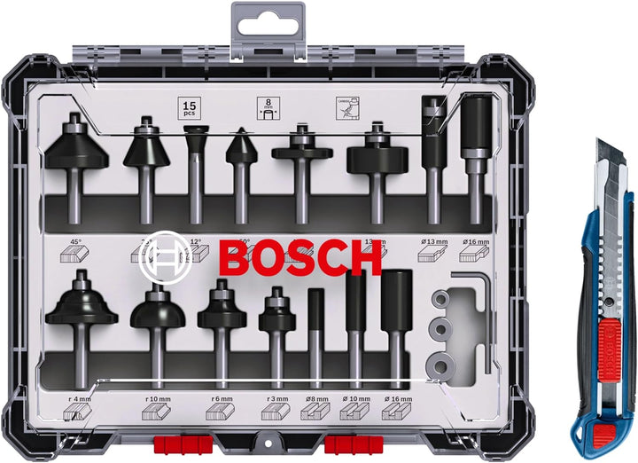 Bosch Professional 15tlg. Fräser Set mit Cuttermesser (für Holz, Ø 8 mm Schaft, Zubehör Oberfräse)