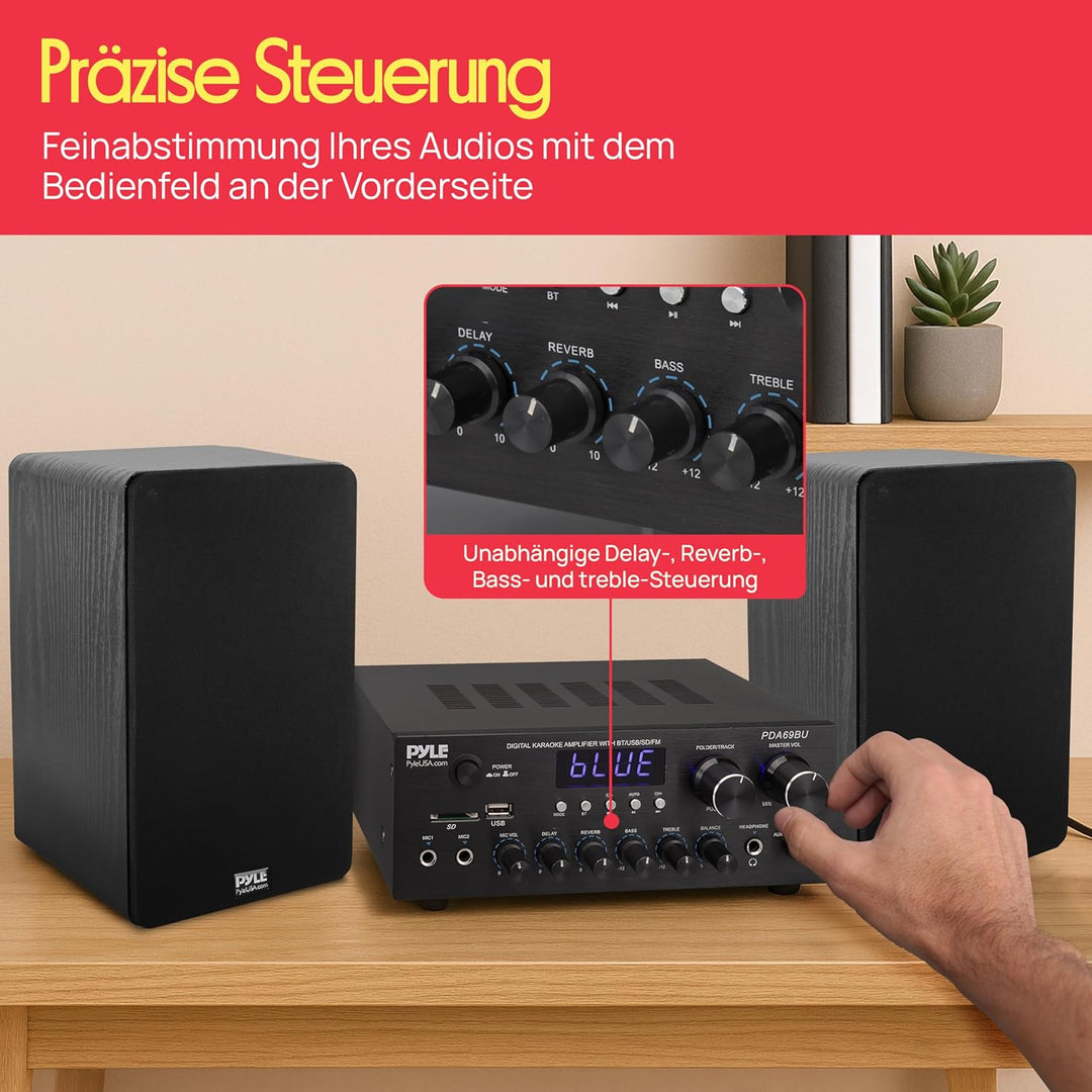 Pyle HiFi- Verstärker, 200W – 2.0 Kanal Audio Receiver mit USB/SD/FM und Mikrofon Eingang, Kabellose