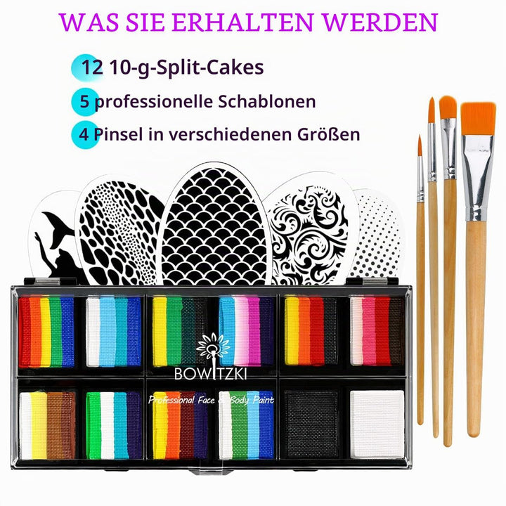 Bowitzki Professionelles Schminkset für Kinder und Erwachsene, 12 x 10 g, Schminkset mit Schablone,
