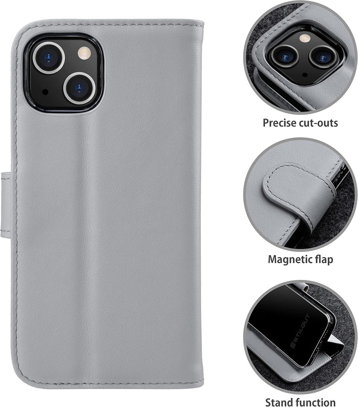 STILGUT Talis kompatibel mit iPhone 13 Mini (5.4“) Hülle mit Kartenfach aus Leder, Flip Cover, Walle