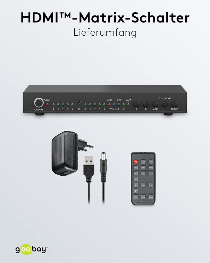 goobay 58478 HDMI Matrix Schalter 4 auf 2 / Matrix Switch Splitter 4k @ 30Hz / Mit Fernbedienung für