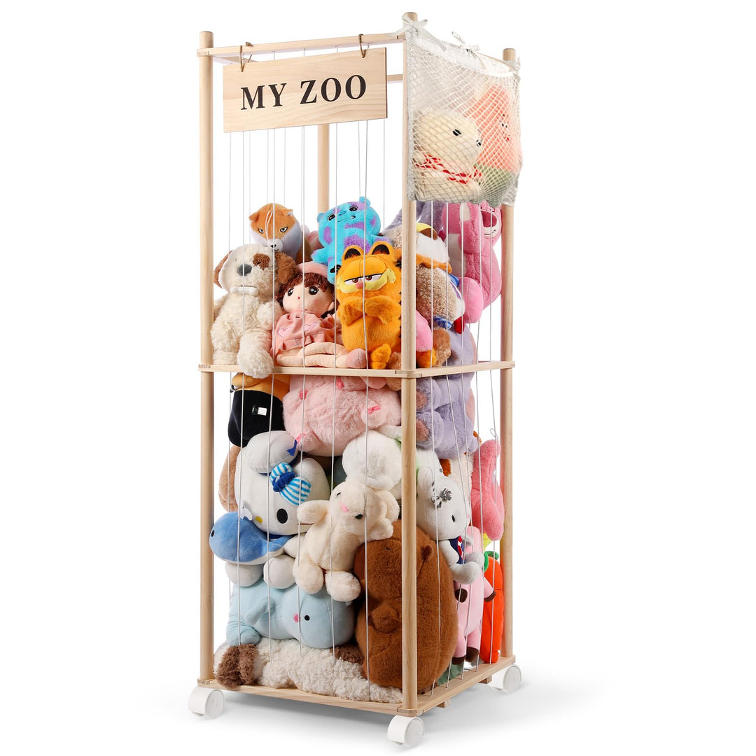Massivholz Kuscheltier Aufbewahrung mit 360° Rollen &amp; Bremse – inkl. Baumwollnetz, Plüschtier Organi