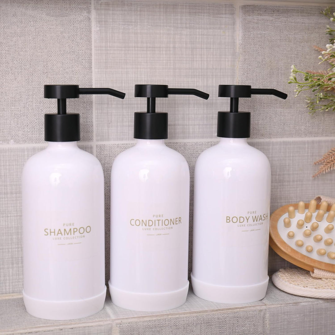 Shampoo- und Spülungsspender, Set mit 3 nachfüllbaren 600 ml Shampoo-Flaschen mit rutschfestem Silik