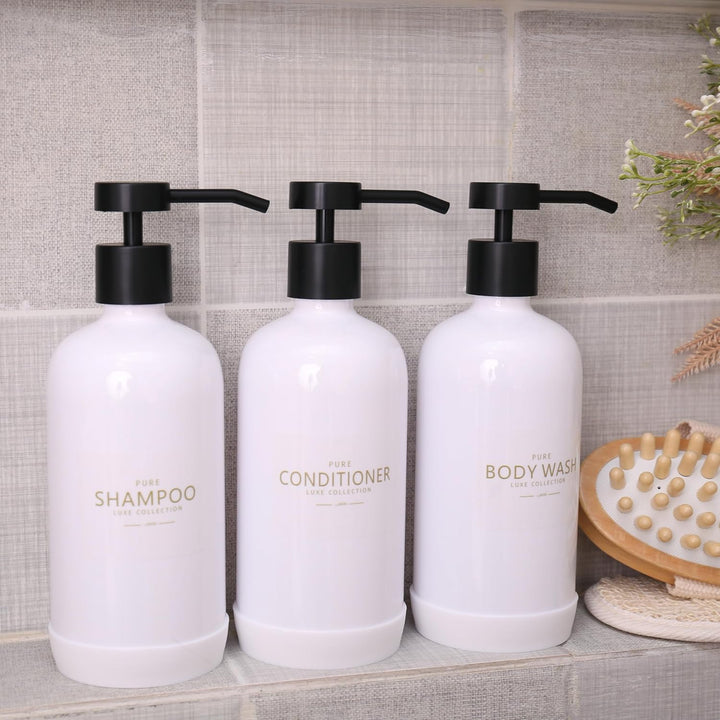 Shampoo- und Spülungsspender, Set mit 3 nachfüllbaren 600 ml Shampoo-Flaschen mit rutschfestem Silik