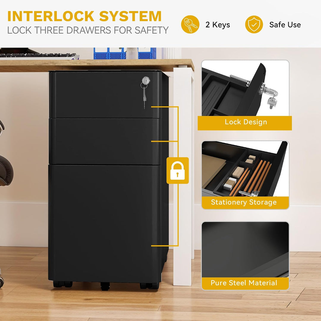 DWVO 3 verschliessbare Schubladen Metall Aktenschrank, Mobile Aktenschrank für Home Office, Unter Sc