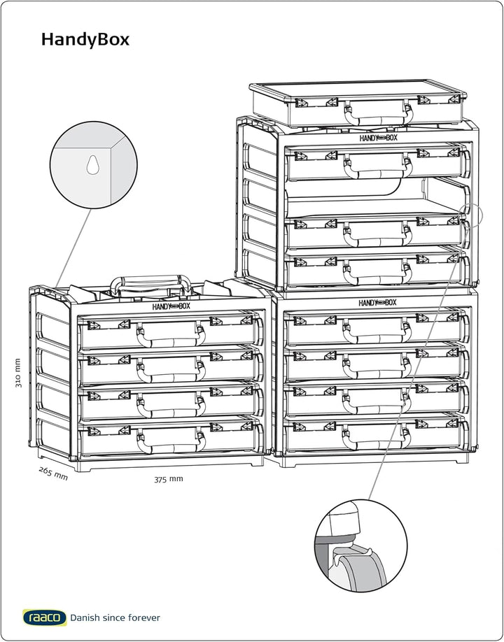 raaco HandyBox 55x4: Sortimentskasten für Werkstatt, Kistenberg mit 4 Sortierkasten für Kleinteile,