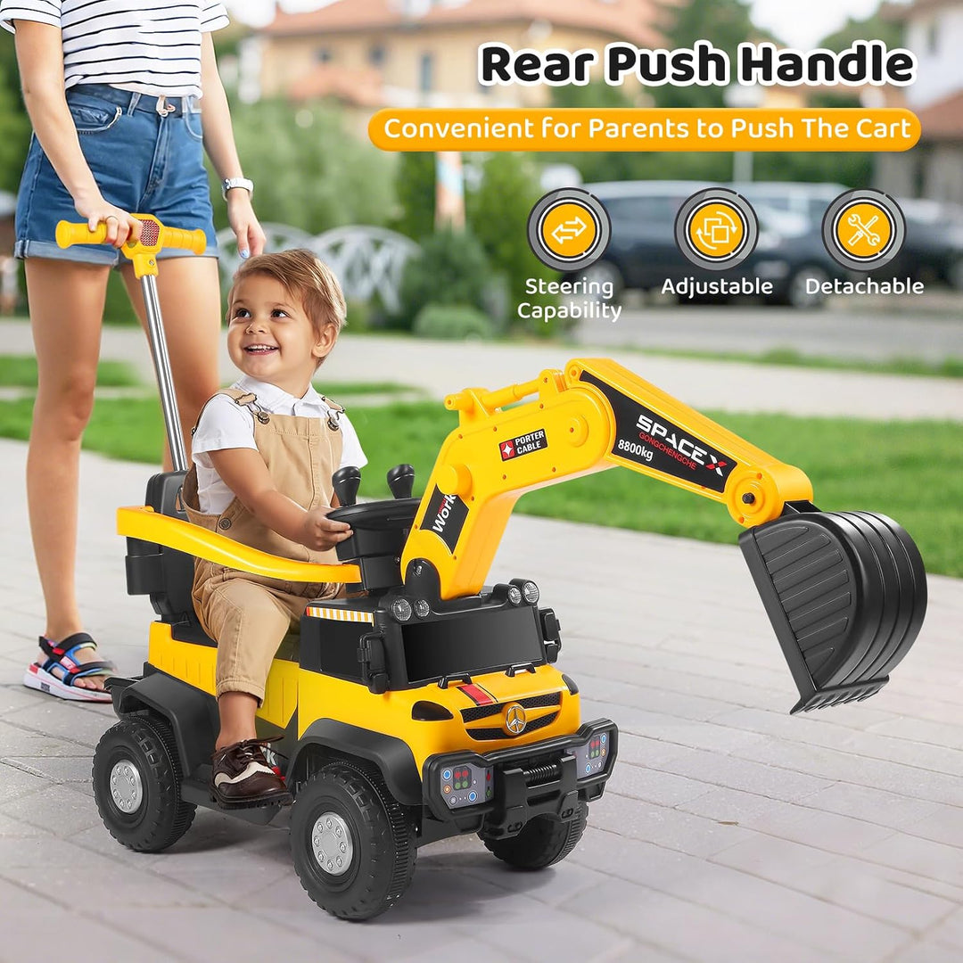 12V Kinder Sitzbagger mit 360 ° drehbarer und Verstellbarer Schaufel, Kinderbagger mit Stauraum unte