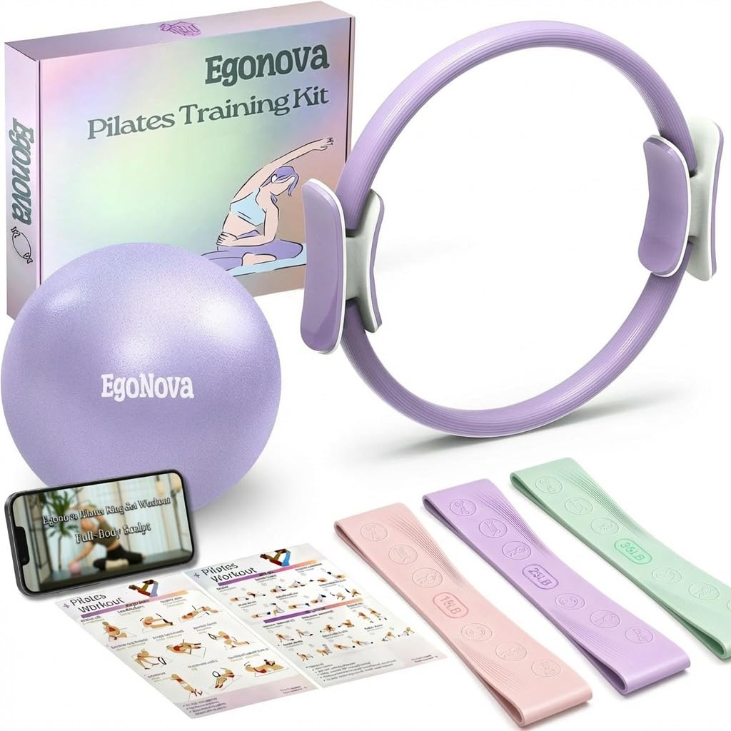 EgoNova Pilates Ring Set: 14-Inch Magic Circle with Dual Padded Handles, Pilates Mini Ball, and Resi