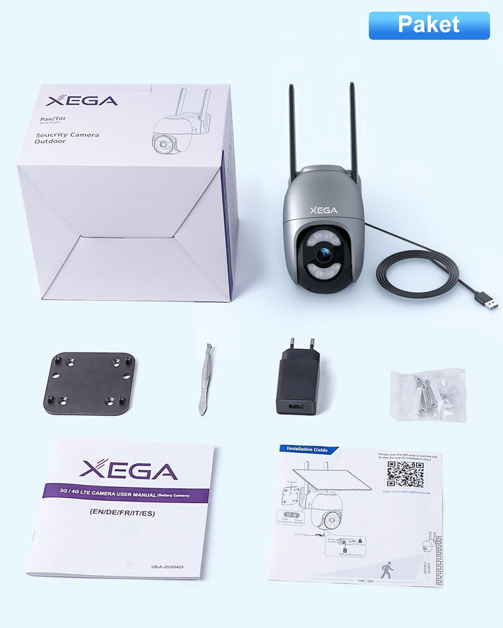 Xega 4G LTE Überwachungskamera mit SIM Karte【Kabelgebunden】 24/7 Kontinuierliche Aufzeichnung, 2K Au