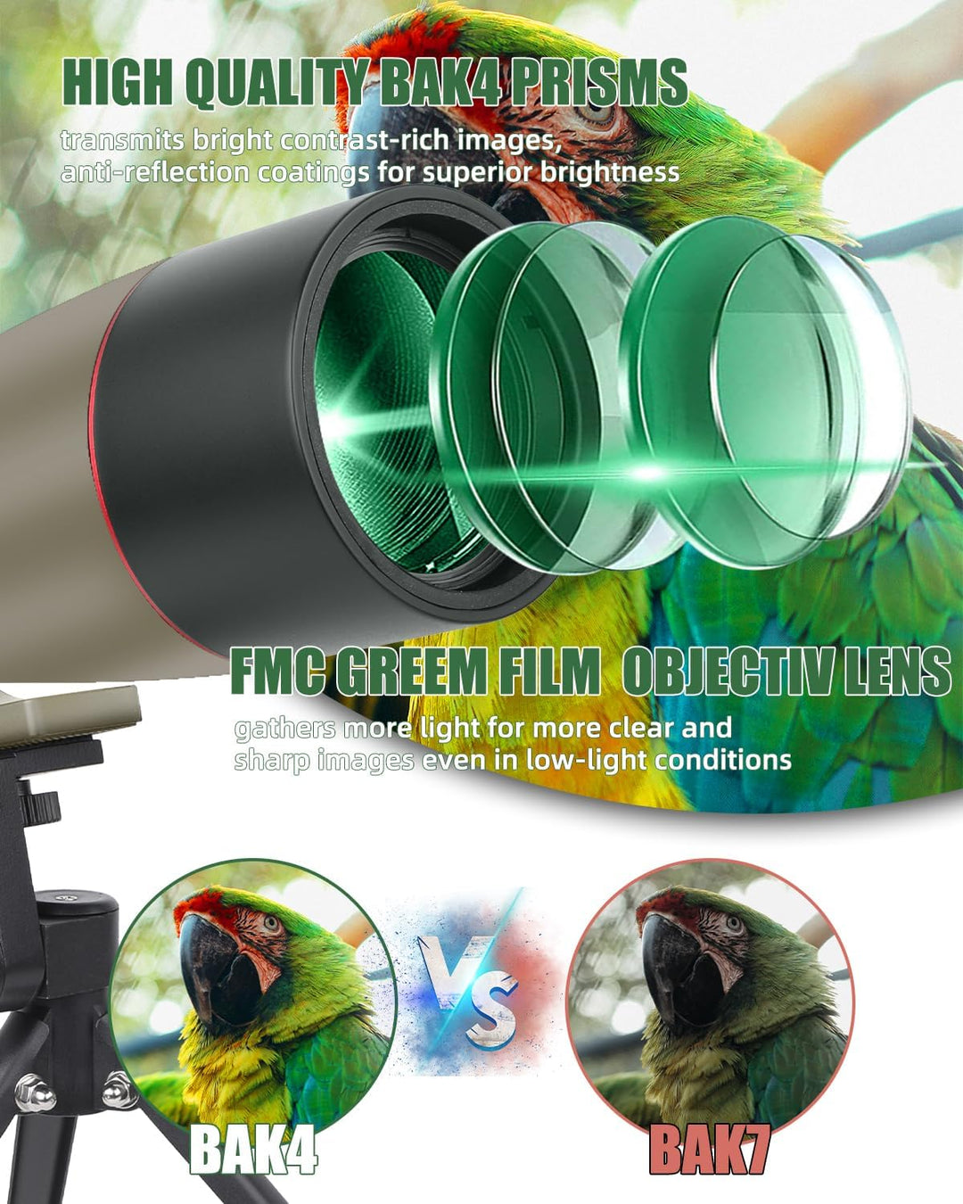 25-75x70 HD Spektiv Sportschützen mit Stativ- und Smartphone-Adapter, Zoom Bak4 Prism FMC Lens 45-Gr