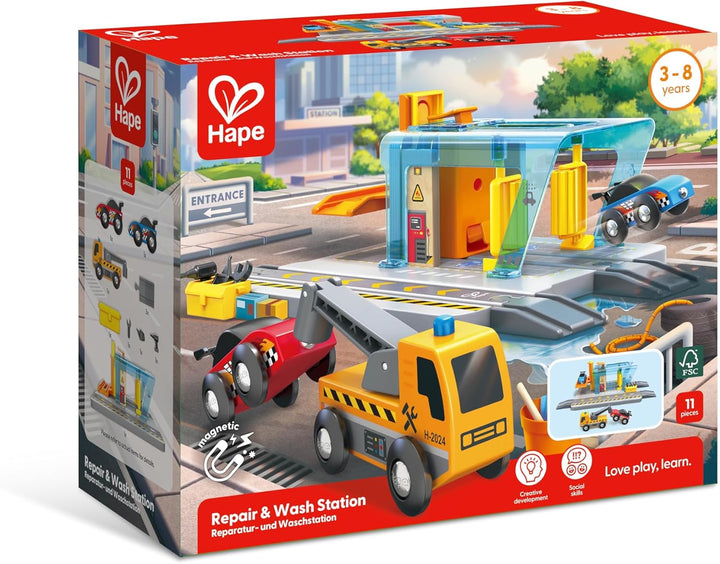 Hape Reparatur- und Waschstation, Waschanlage, Hebebühne, Abschleppwagen, Fahrzeuge, Eisenbahnzubehö