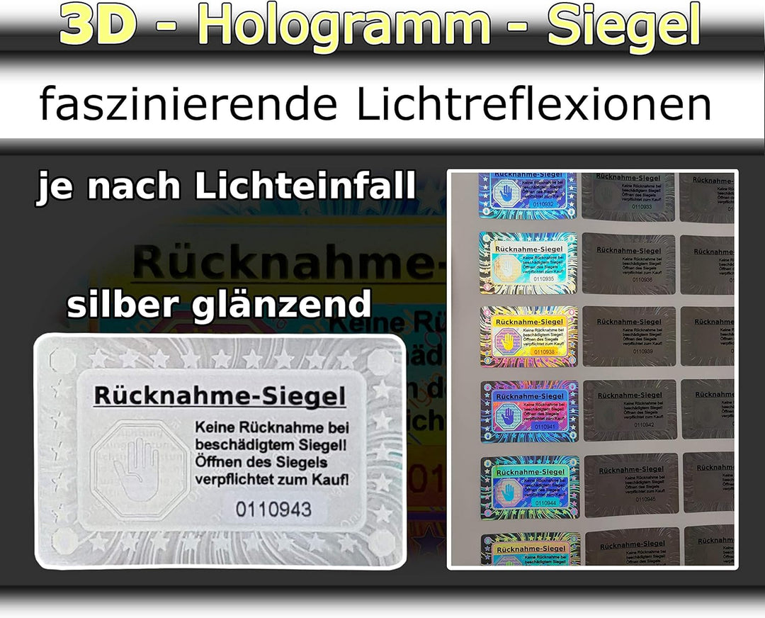 1000 Stk - 3D Hologramm-Siegel mit Seriennummer - 40 * 25mm silber glänzend - Rücknahmesiegel, Siche