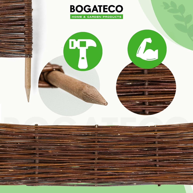 BOGATECO 10 x Beeteinfassung aus Weide | 100 cm Lang & 20 cm Hoch | Holz-Zaun Rasenkante | Weiden-Za