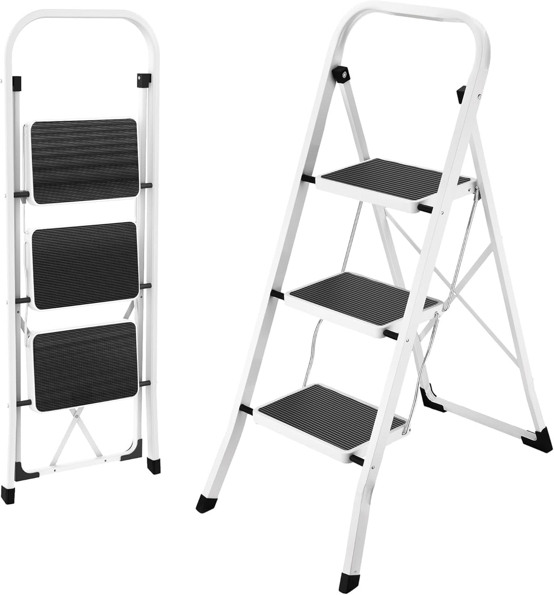 HBTower Trittleiter 3 Stufen klappbar, Trittleiter mit Anti-Rutsch-Pedal, Tragbare Robuste Tritthock