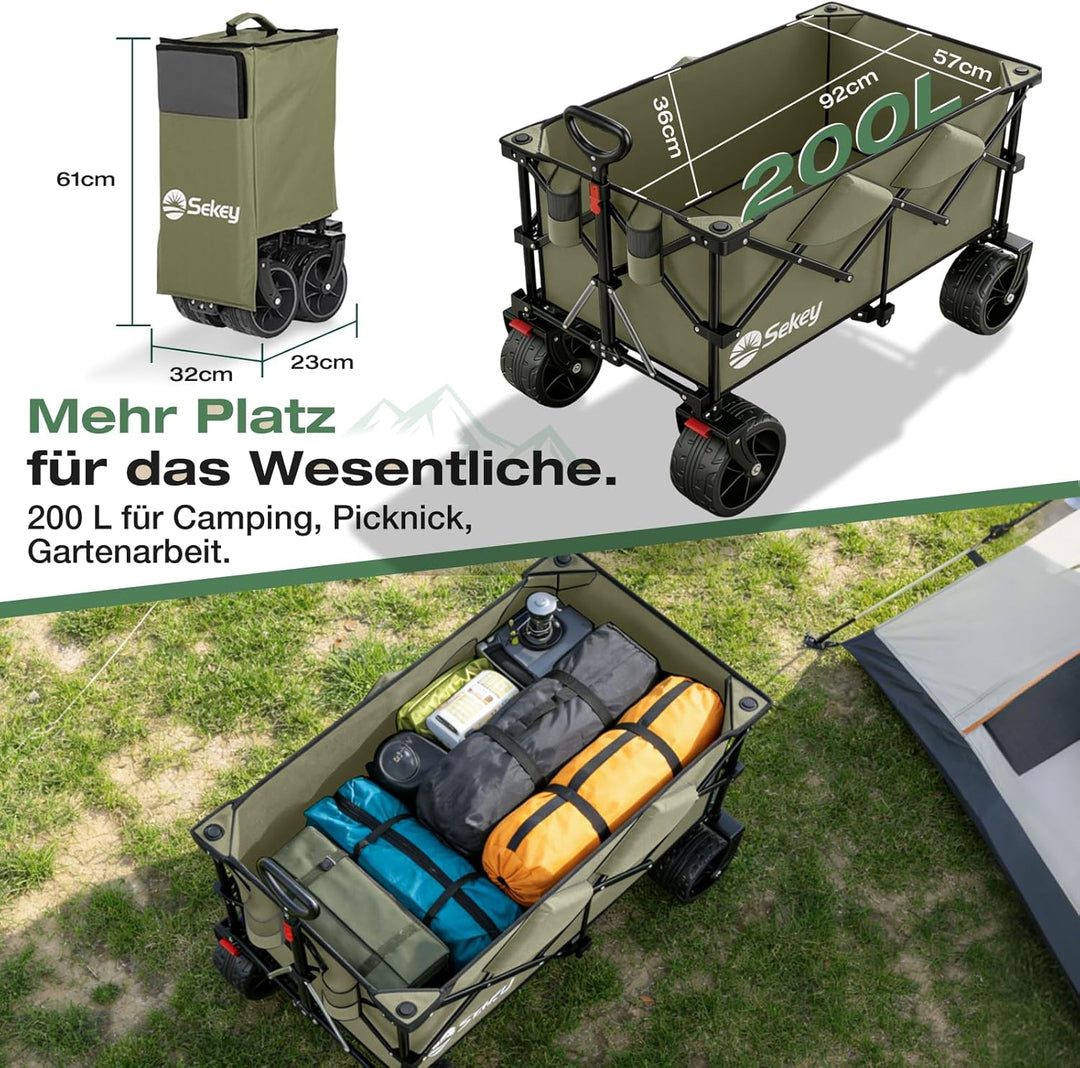 Sekey XXL Plus Bollerwagen Faltbar 200L 200KG Belastbar, Faltbollerwagen mit Extra Breite 17x10 cm A