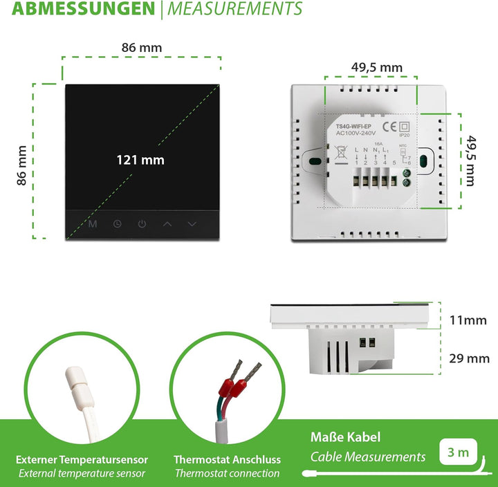 TH215 WiFi Thermostat Raumregler mit Tuya Smart App – für elektrische Fussbodenheizung, NC/NO Stella
