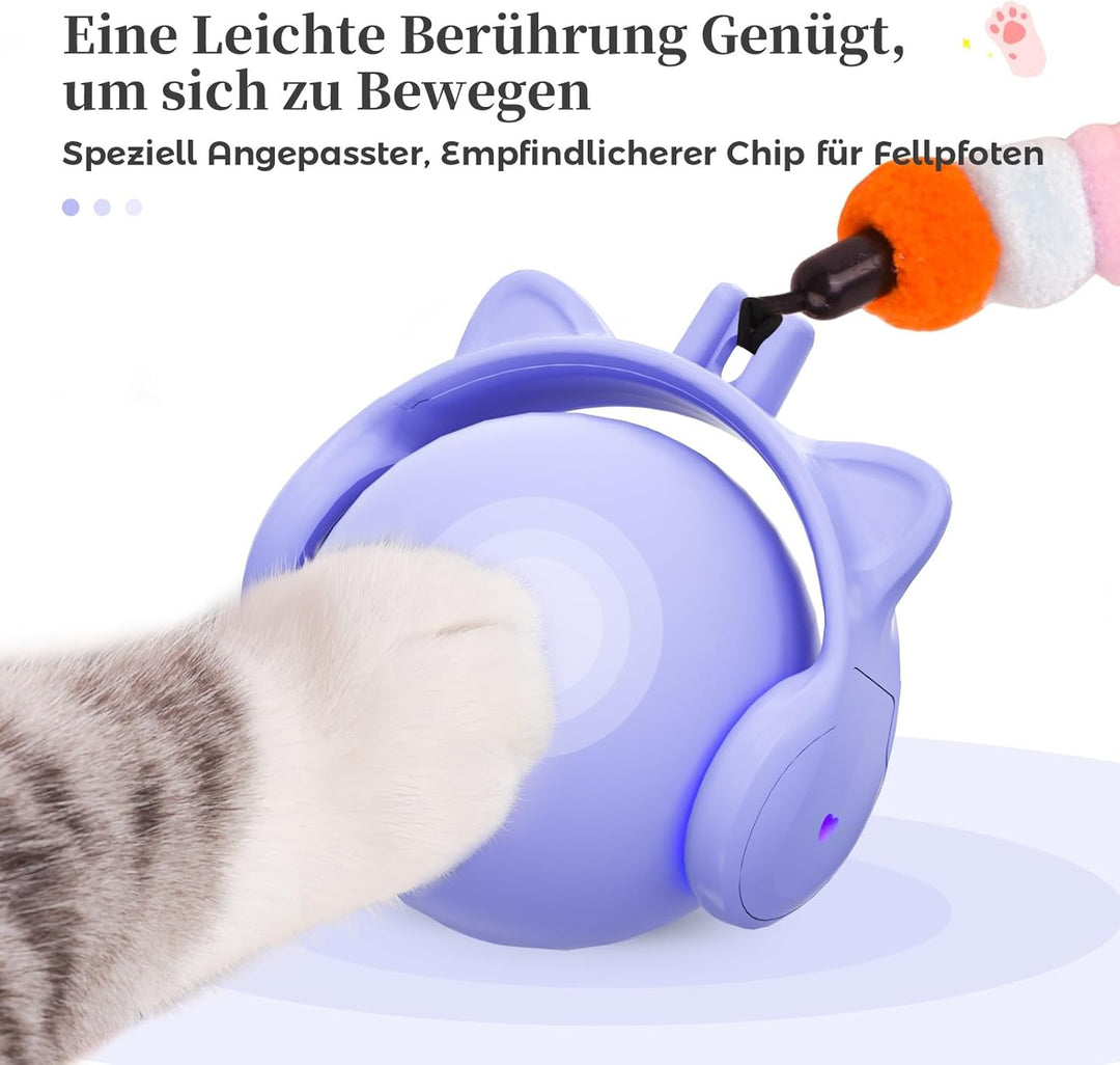 GoldenSun Katzenspielzeug, Automatisch Rollender Ball mit Federschwanz für Hauskatzen, Bewegungsakti