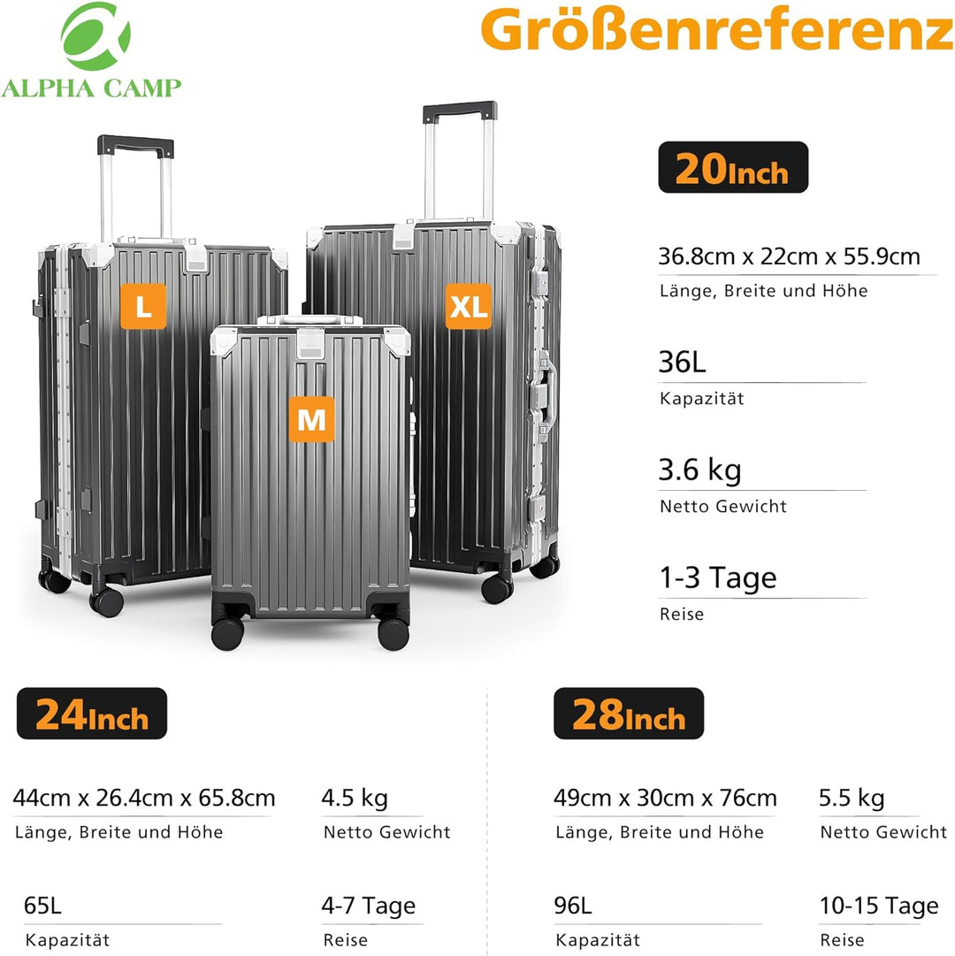 ALPHA CAMP Koffer Set M L Hartschalenkoffer Set Gross mit Rollen Suitcase Set Polycarbonat Aluminium