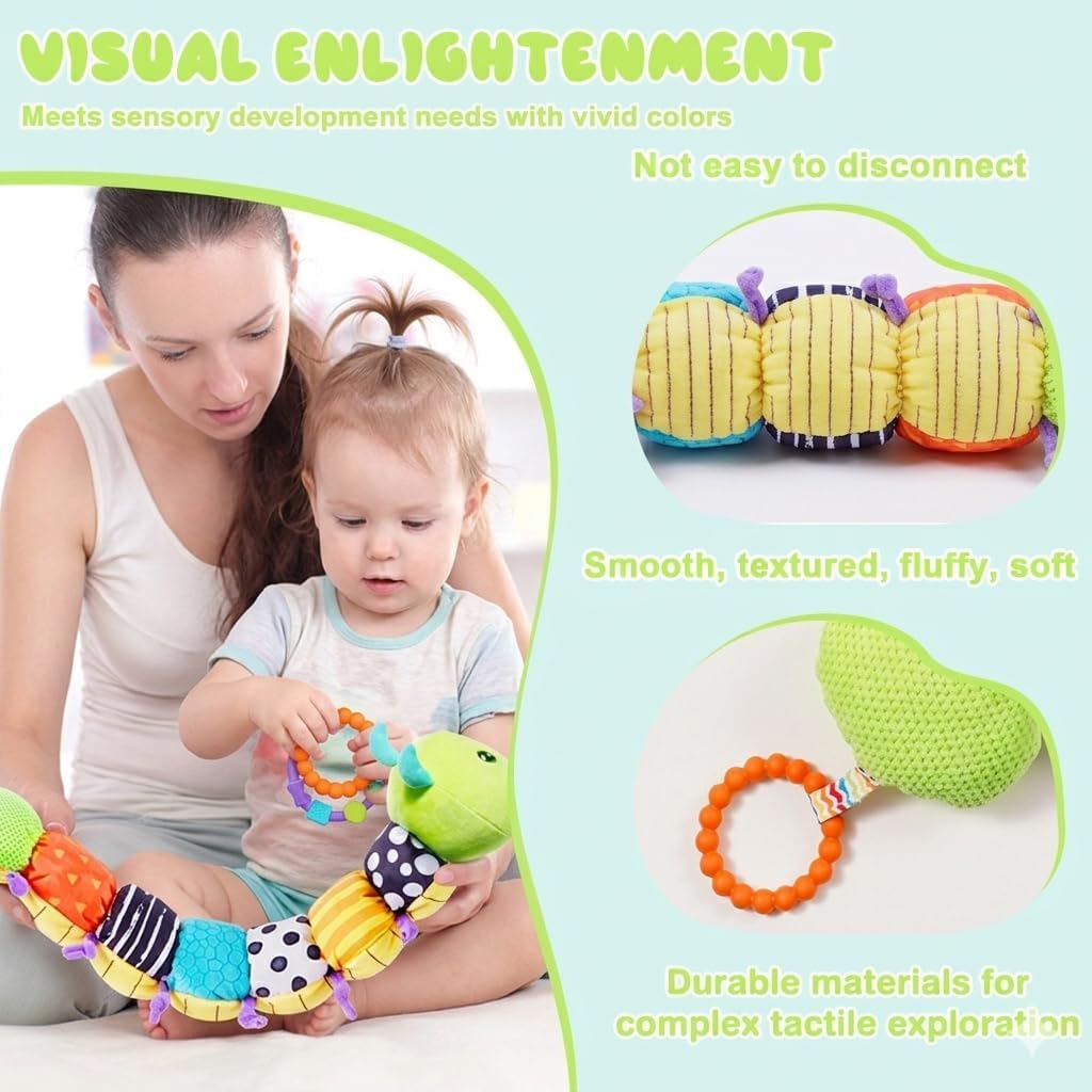 Raupe Plüschtier Spielzeug, Baby Spielzeug 0 3 6 Monate, Sensorik Raupe Mit Greifling, Rassel, Spieg