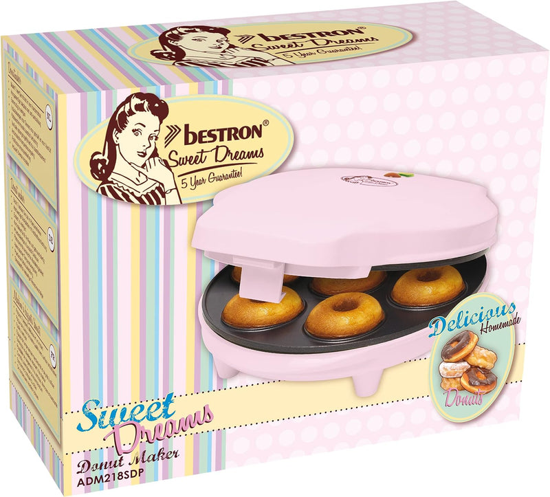 Bestron Donut Maker im Retro Design, Sweet Dreams, Antihaftbeschichtung, 700 Watt, Farbe: Rosa