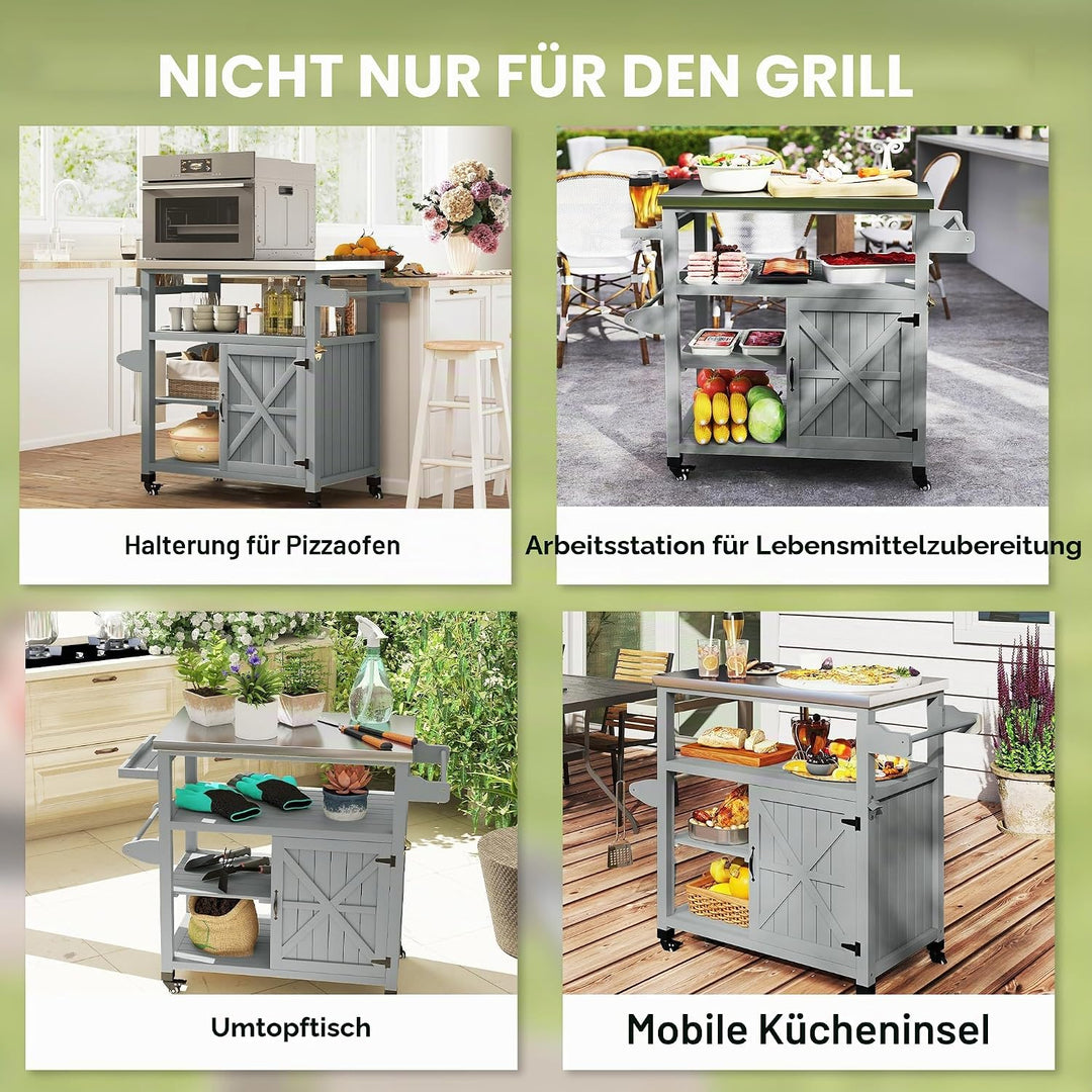 Outsunny Gartenwagen Grillwagen auf Rollen Kücheninsel aus Holz Edelstahlplatte Schrank offene Regal