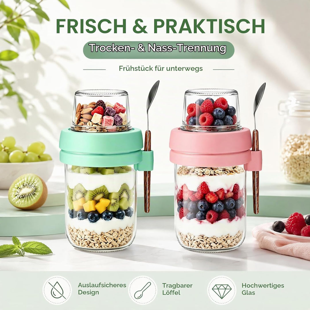 Müslibecher to Go mit Löffel,4 Stück Joghurtbecher mit Toppingbehälter,Overnight Oats Glas, Auslaufs