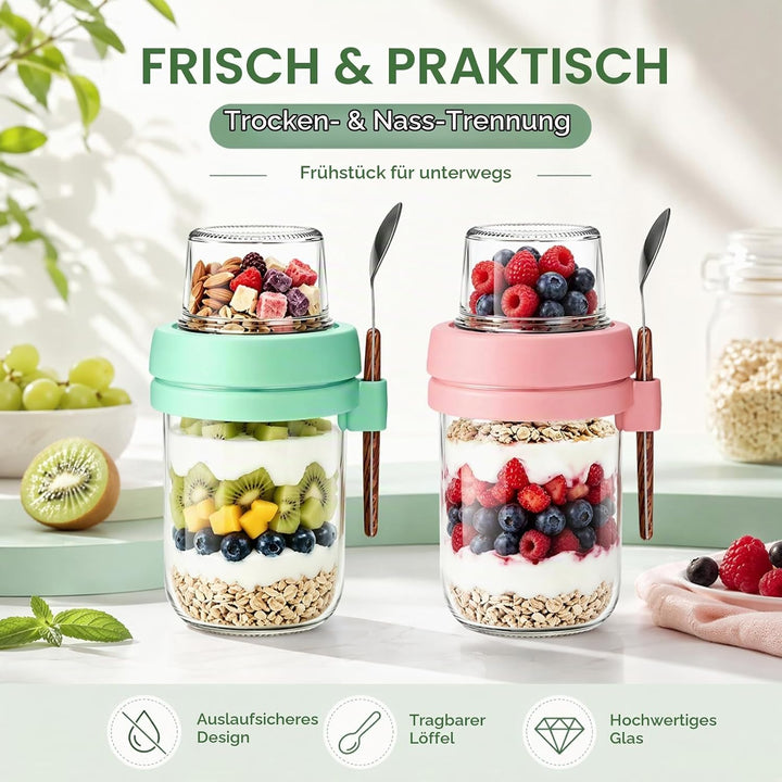 Müslibecher to Go mit Löffel,4 Stück Joghurtbecher mit Toppingbehälter,Overnight Oats Glas, Auslaufs