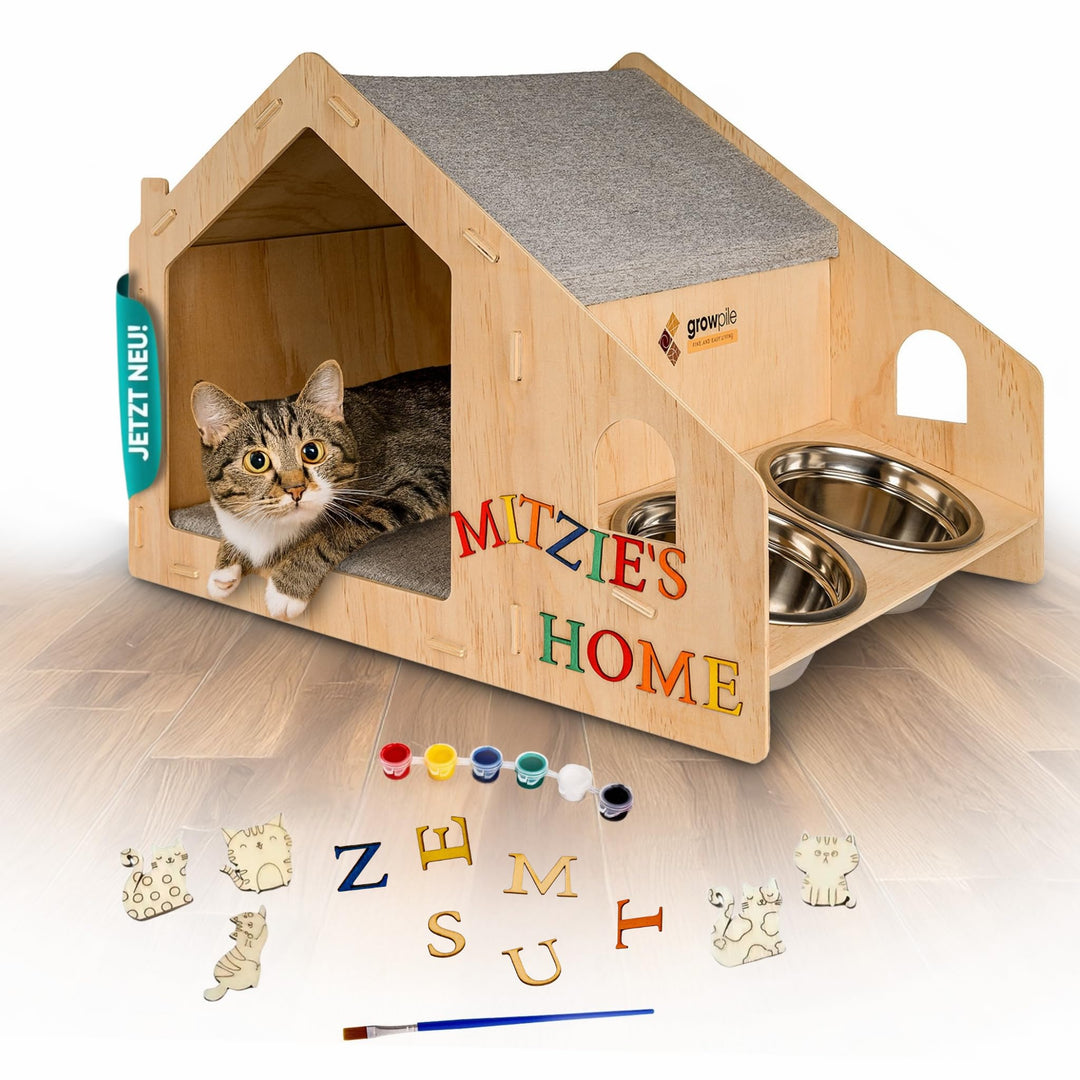 growpile Katzen- und Hundehäusschen aus hochwertigem Kiefernholz mit 2 Trinkschalen aus Edelstahl, z