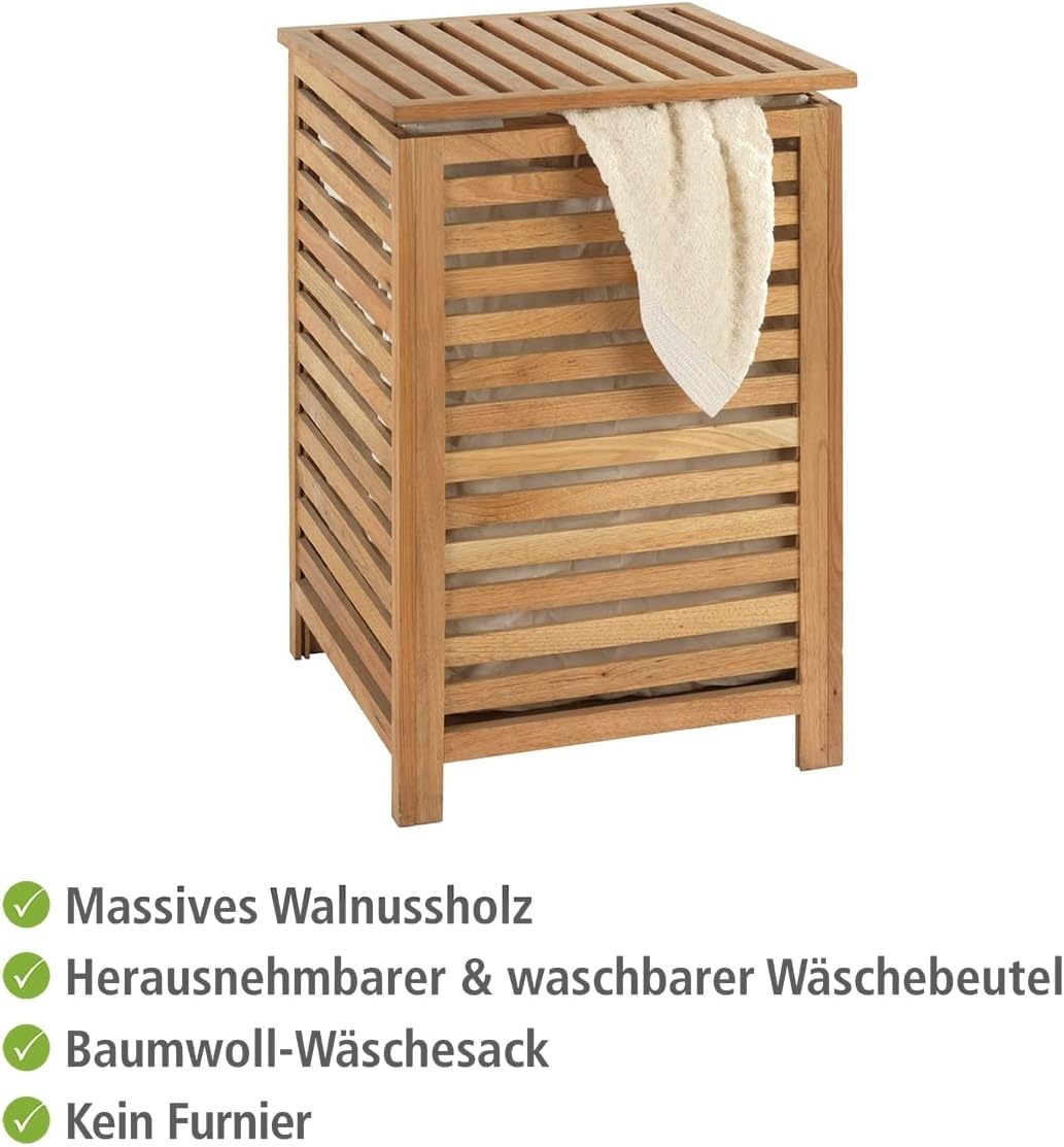 WENKO Wäschetruhe Norway, Wäschesammler mit herausnehmbarem Baumwoll-Wäschesack, Walnussholz, Fassun
