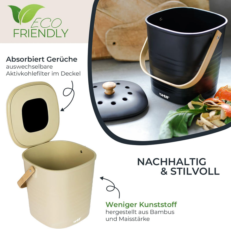 HMF Nachhaltiger Biomülleimer Küche, Geruchsdichter Komposteimer mit Deckel | 6 Liter | Beige Beige