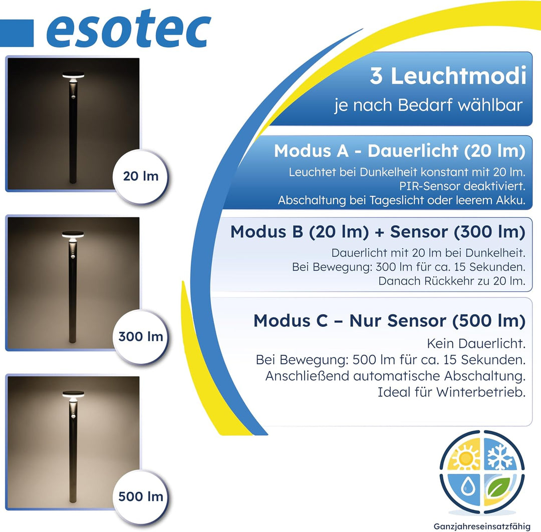 esotec Edelstahl Solarleuchte Aussenlampe mit Bewegungsmelder Cortona, H=80cm, 3 Leuchtmodi, 30 LEDs