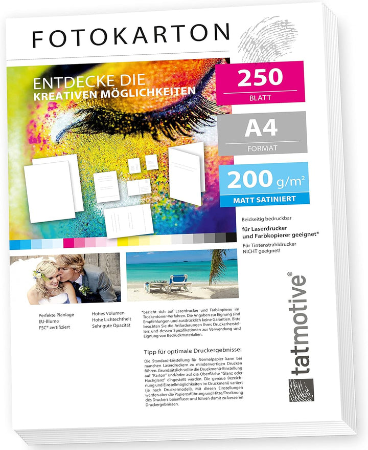TATMOTIVE FA4200M250 Fotokarton Fotopapier 200g matt weiss/Laserdrucker/DIN A4 / Beidseitig bedruckb