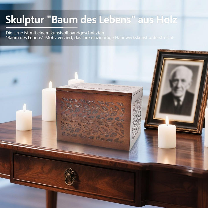 Urne für Menschenasche Erwachsene, Bestattungsurne aus Holz mit Lebensbaum, Trauerurne für Damen und