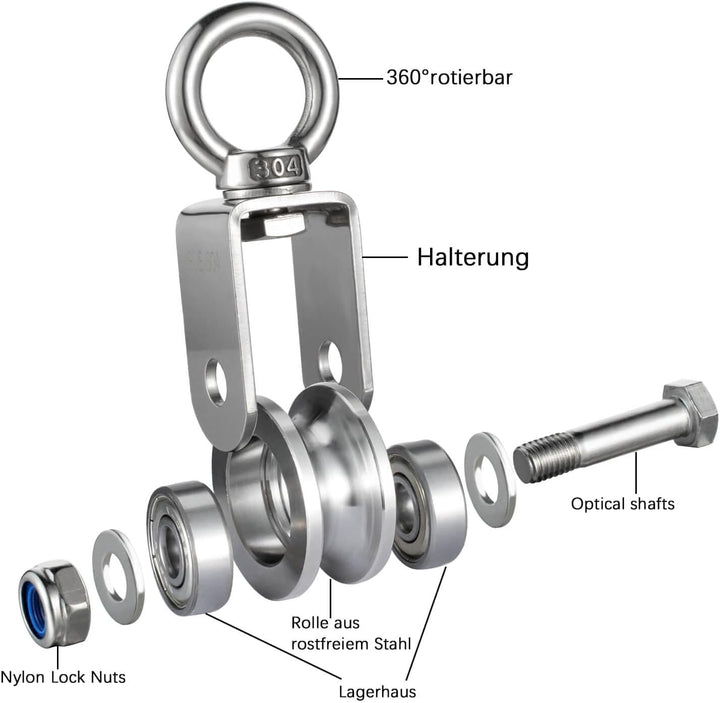 Umlenkrolle mit 2 Kugellager, Edelstahl Flaschenzug mit 10m/8mm Nylonseil, Tragfähigkeit 500 kg 1 48