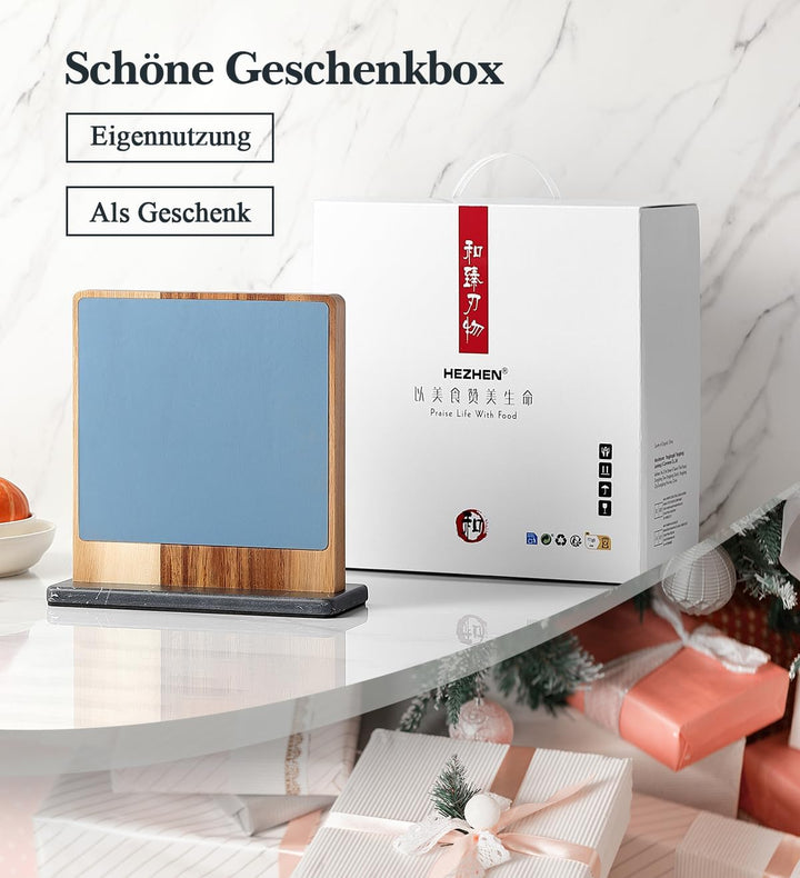 HEZHEN Magnetischer Messerblock aus Akazienholz - Doppelseitiger Magnetischer Messerhalter mit Leder