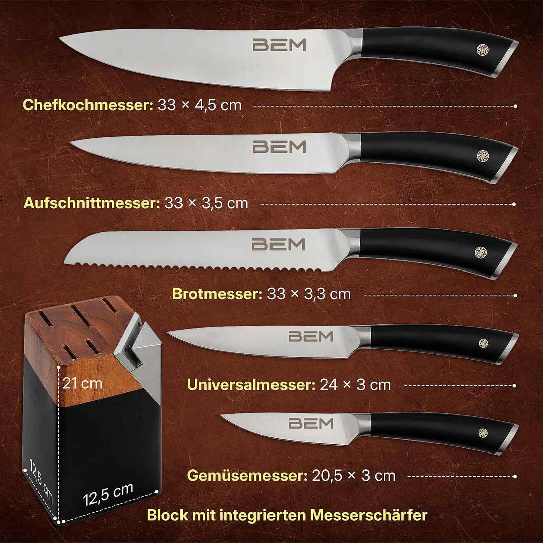 BEM 6-tlg. Küchenmesser Set aus Edelstahl Messerset mit Messerblock inkl. Chefkochmesser, Aufschnitt