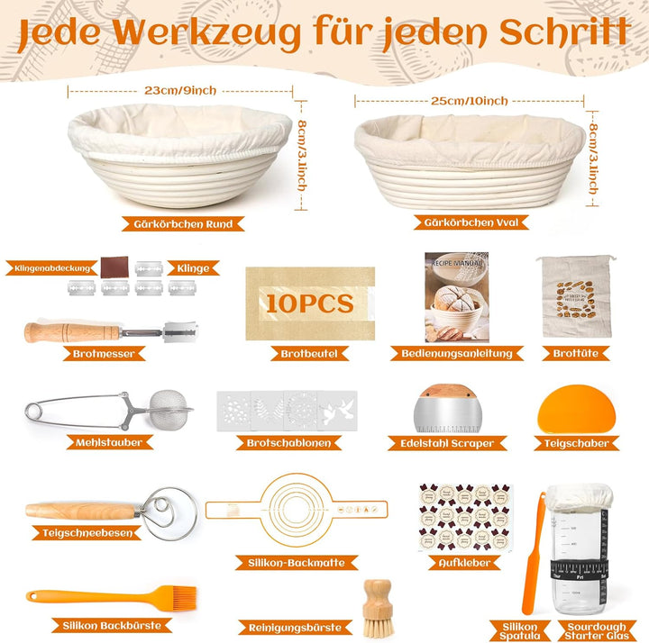 Gärkörbchen Für Sauerteig Starter Set, Gärkorb (23cm rund & 25cm oval),100% natürlichem Rattan, inkl