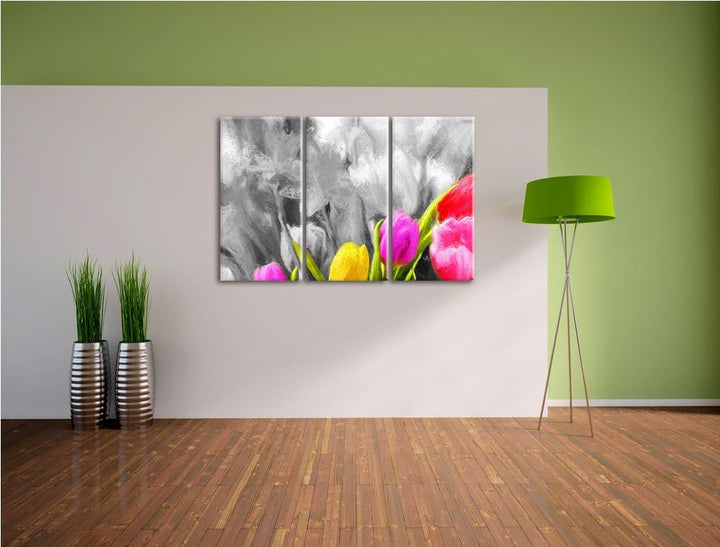 bunte Tulpen3-Teiler Leinwandbild 120x80 Bild auf Leinwand, XXL riesige Bilder fertig gerahmt mit Ke