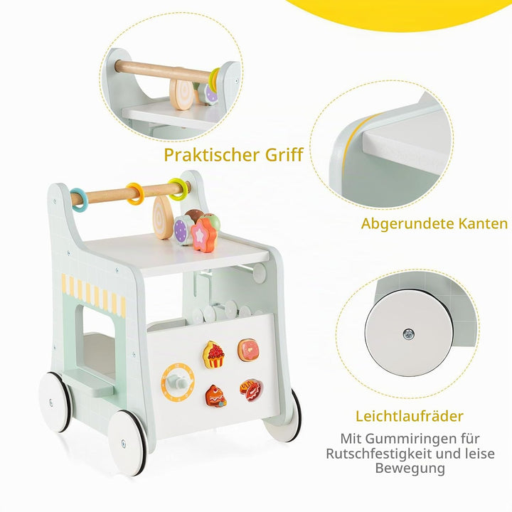 LIFEZEAL Lauflernhilfe Holz, Baby Lauflernwagen mit süssem Zubehör, Montessori Lauflernspielzeug mit