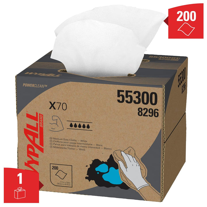 WypAll X70 Power Clean Reinigungstücher 8296 – wiederverwendbare Tücher – 1 BRAG-Box x 200 weisse sa