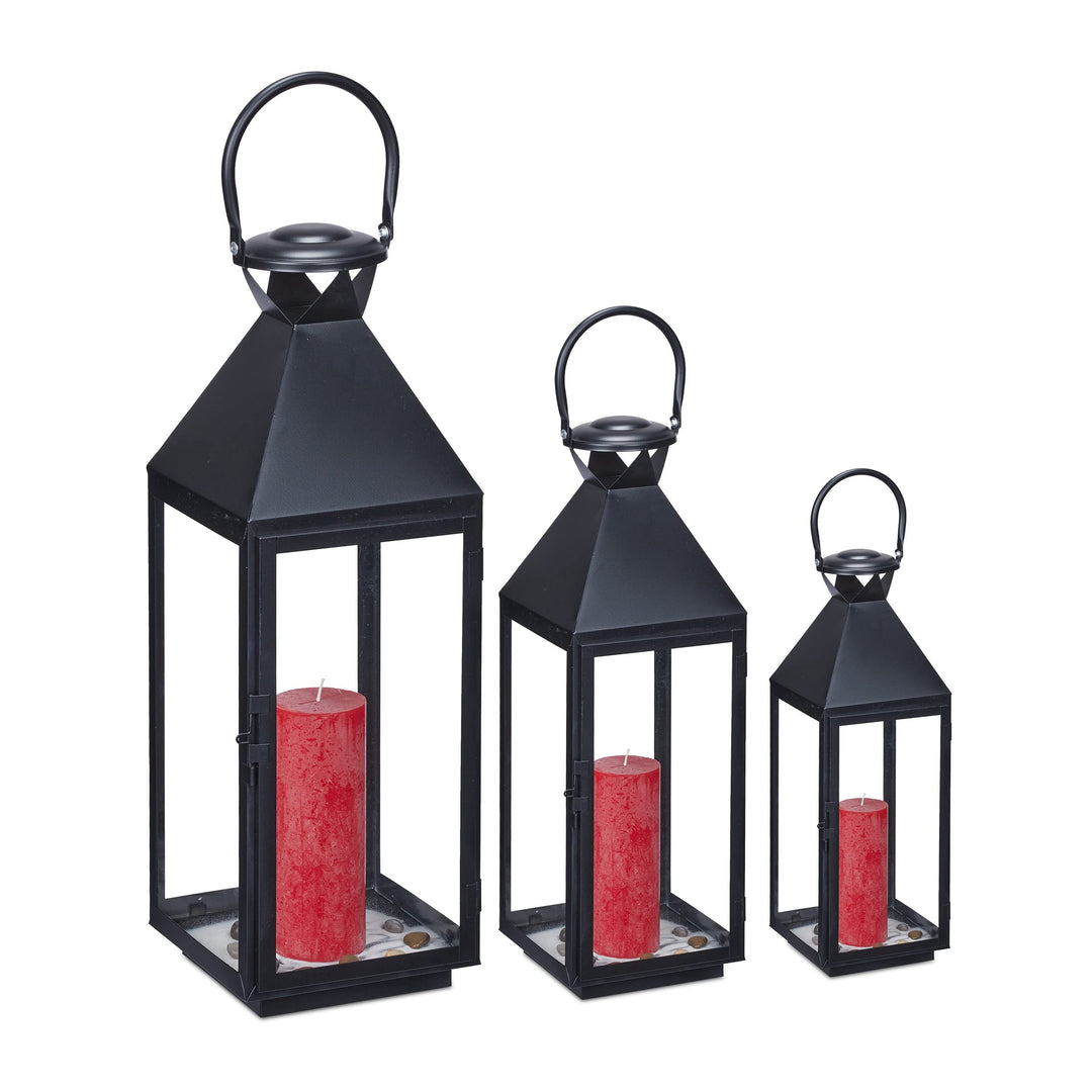 Relaxdays Laternen 3er Set, Dekolaternen für draussen & drinnen, 3 Grössen, Metall, Glas, Windlichte