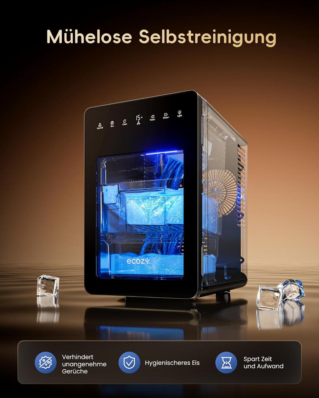 ecozy 50mm Eiswürfelmaschine für Grosse Klare Würfel, Transparentes Eis in 30 Min mit Eco-Modus, 24h