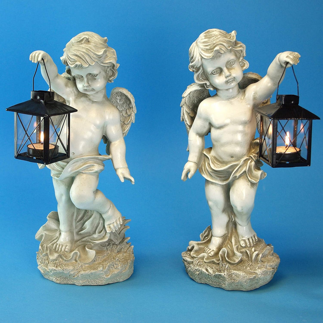 GeKi Trend 2er Set Engel Figuren mit Laterne Dekofigur Putte frostfest Gartendeko antik weiss Grabsc