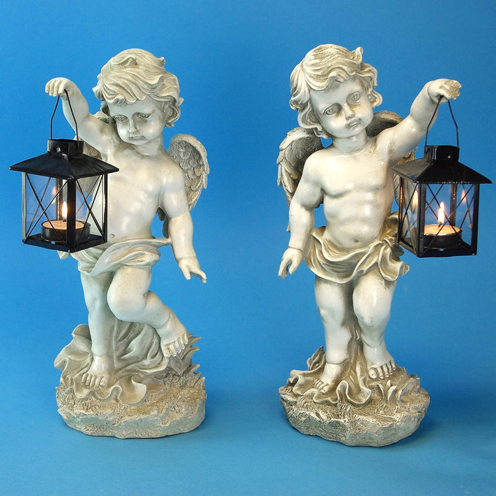 GeKi Trend 2er Set Engel Figuren mit Laterne Dekofigur Putte frostfest Gartendeko antik weiss Grabsc