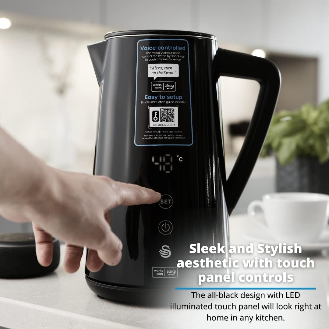 Swan Alexa Elektrisch Wasserkocher WIFI Smart Kettle 1,5L, Kabellos, LED-Touchscreen, Warmhaltefunkt