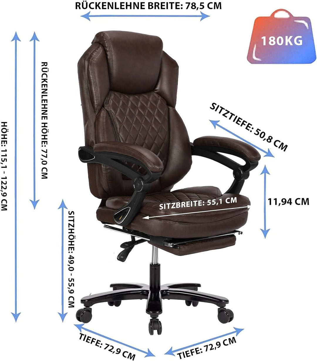 Bosmiller Grosser Chefsessel mit Fussstütze, Office Chair 180kg, Ergonomischer Bürostuhl für Übergrö